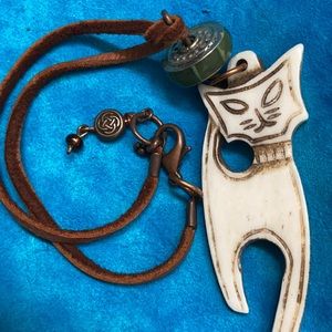 Jade (in Sterling) and Bone Cat charm on leather